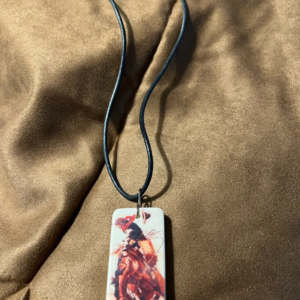 Leather Cord Necklace Pendant with Red Brown Cowboy Artwork